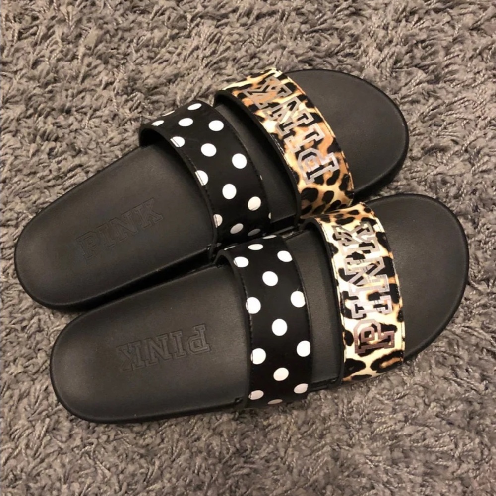 VS PINK DOUBLE STRAP CHEETAH SLIDES SANDALS